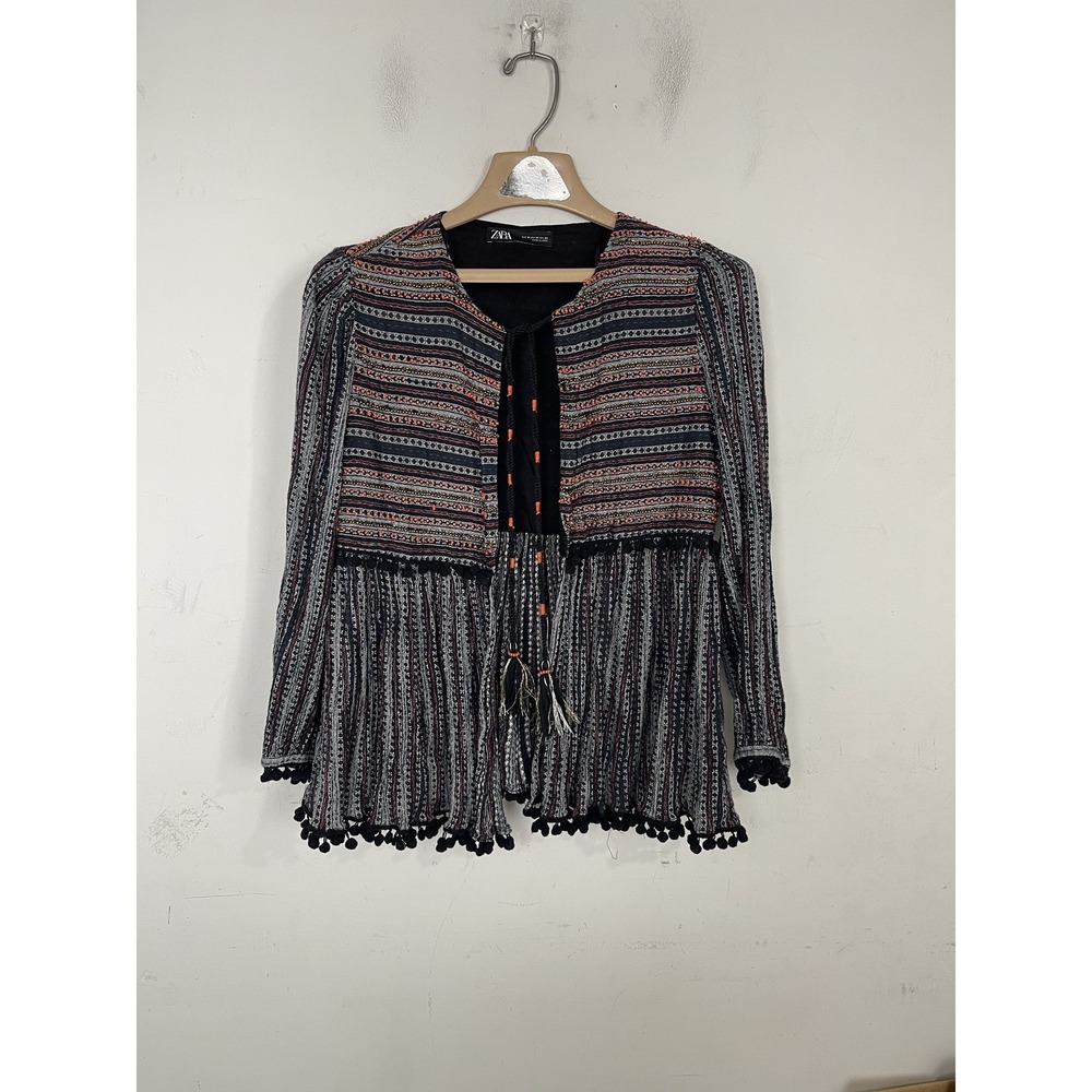 ZARA Women's M Multicolor Striped Beaded Pom Pom Kimono Cardigan Jacket Boho